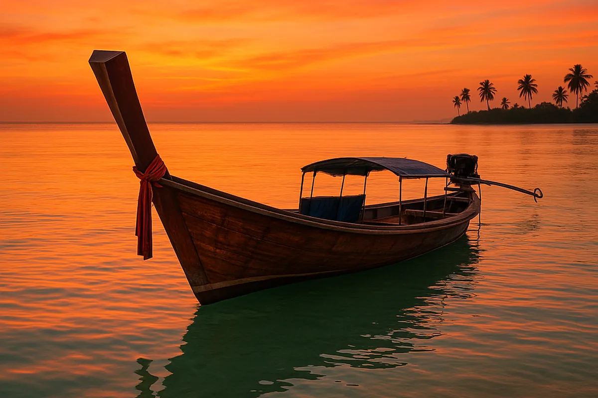Longtailboot bei Sonnenuntergang vor der Küste von Koh Samui